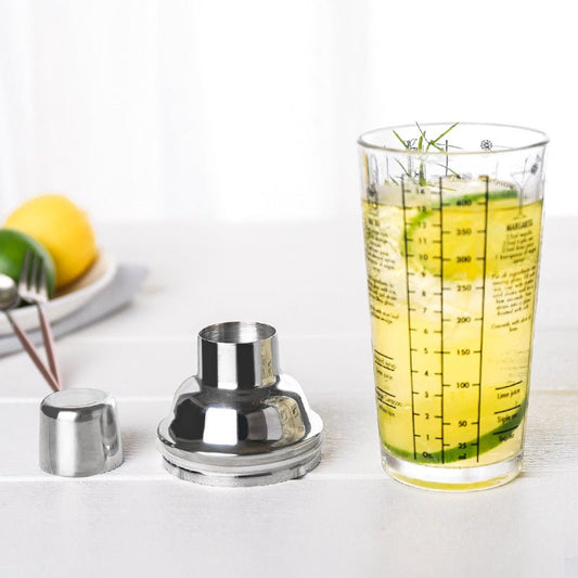 Elegant Glass and Stainless Steel Cocktail Shaker - Enhanced with Measurements and Recipes for Easy Mixing