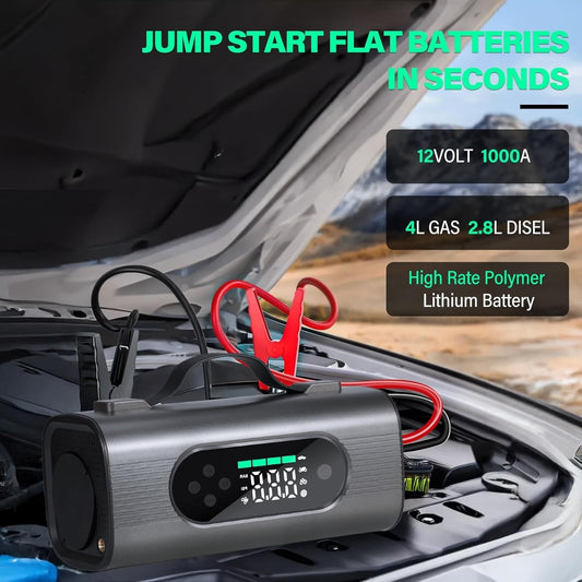 Car jump starter with digital display in a car's open hood, showing product details.