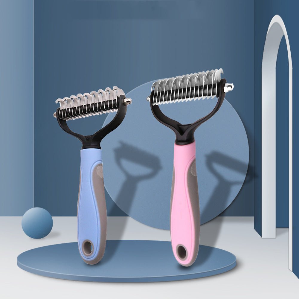 Blue and pink double-sided pet grooming combs