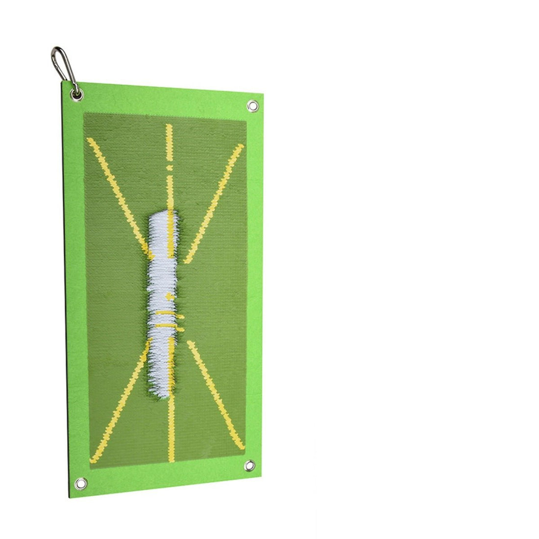 Green strike mat on a white background, showing its yellow lines and pale central trace.