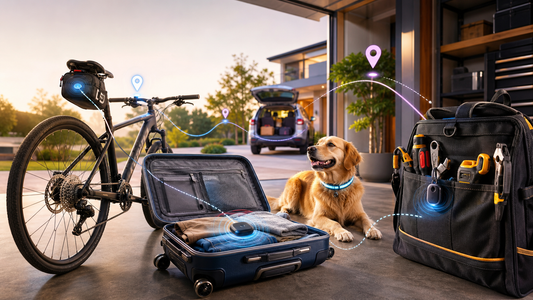 Bike, suitcase, tool bag and pet collar shown with subtle GPS and Bluetooth tracker signals for a practical anti-loss gift guide.