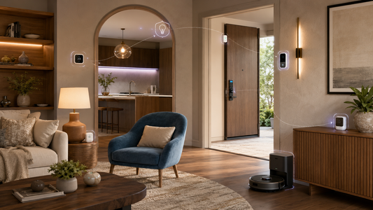 Smart home starter bundle in a warm modern home with smart plug, motion lighting, video doorbell, door sensor, smart lock, air-quality monitor and robot vacuum.