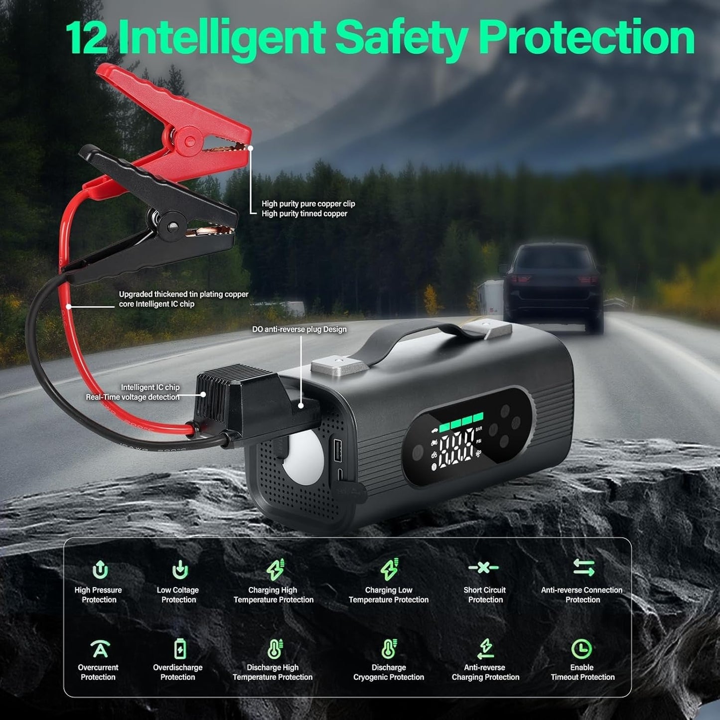 Car jump starter with safety features on a road background