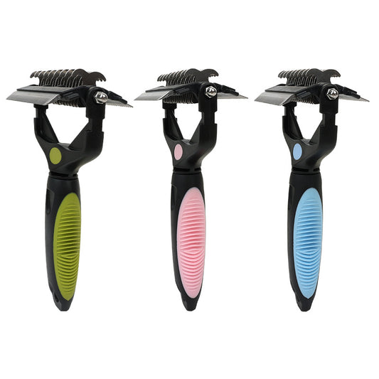 Blue, pink, and green pet detangling comb color options