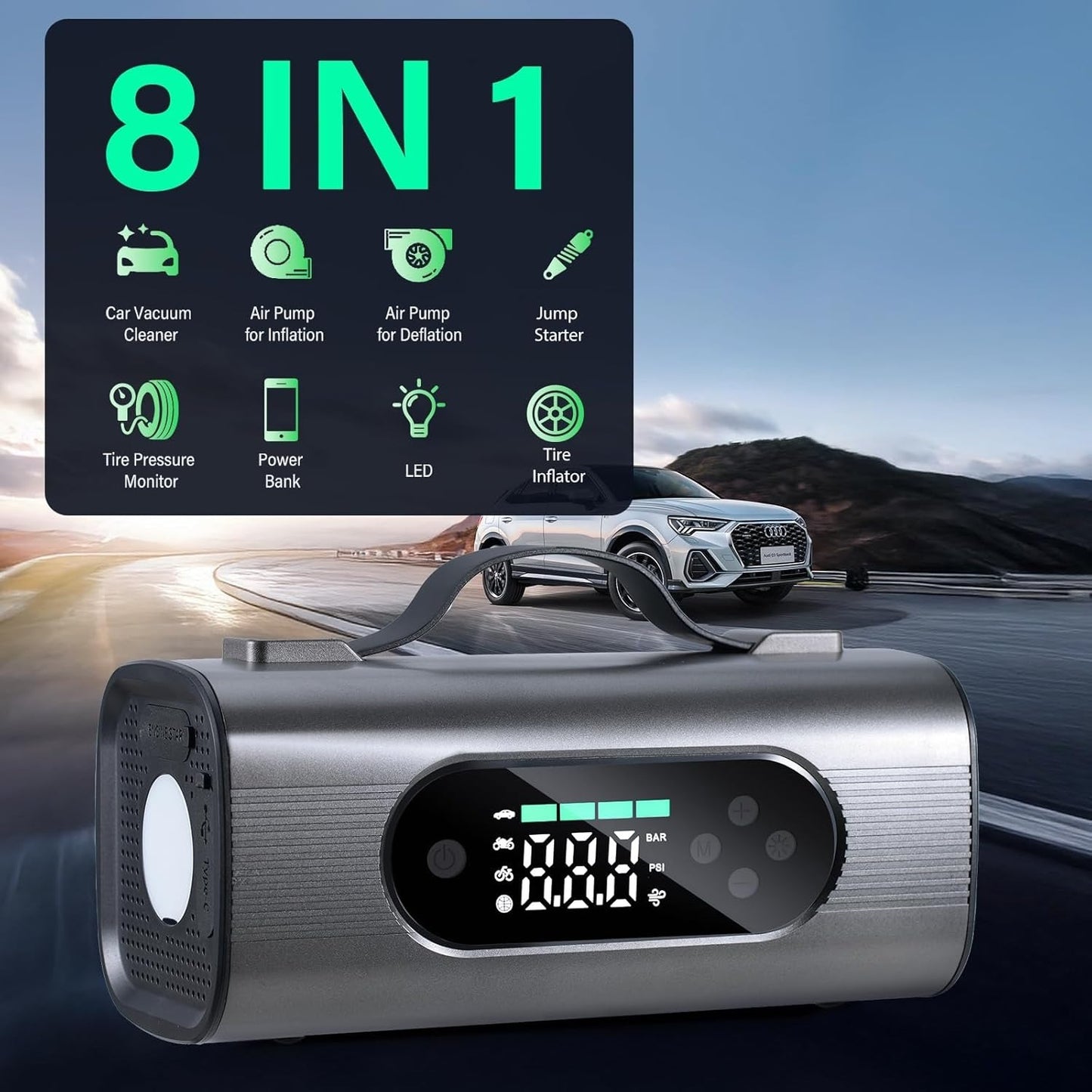 Multifunctional car tool with digital display on a road background