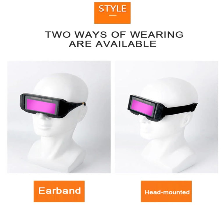 Two ways of wearing auto dimming welding goggles