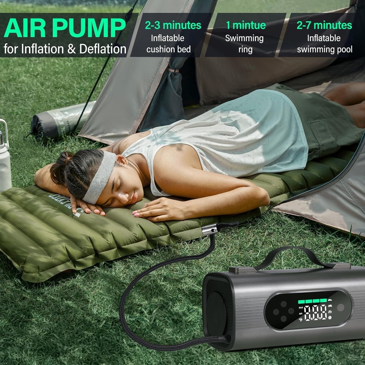 Woman lying on an inflatable camping mattress with an air pump nearby on grass.