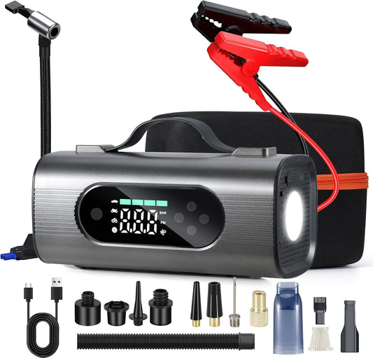 Multifunctional tool with digital display, air compressor, and various attachments on a white background
