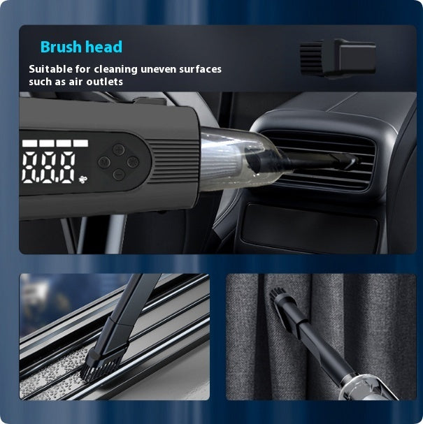 Car cleaning brush head with text on uneven surfaces, air outlets, window, and curtain.