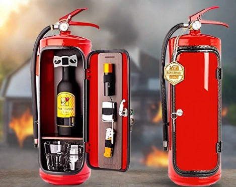 ItsTooLateMate™ - Extinguisher Styled Alcohol Box with house on fire in the background