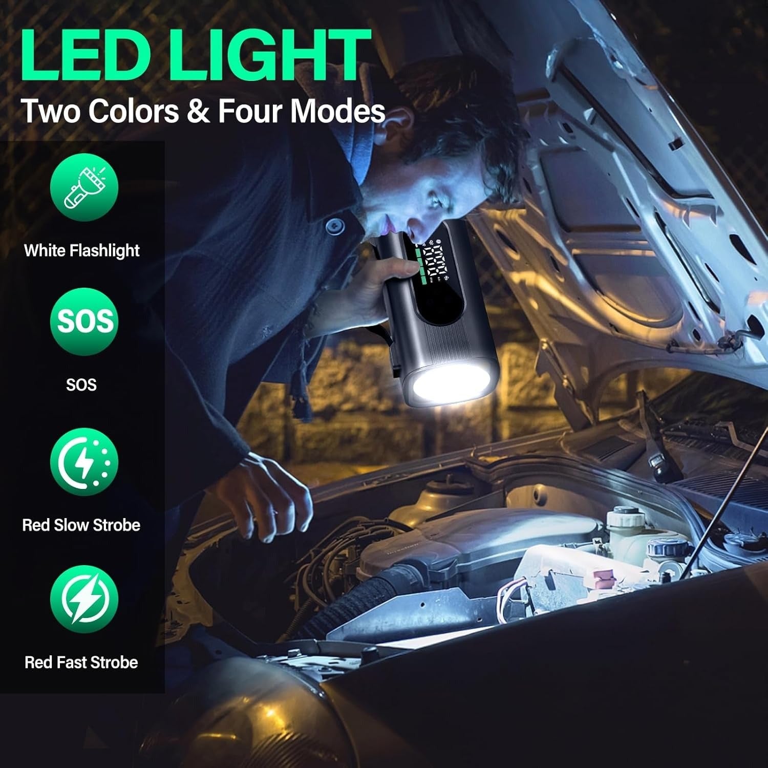 Person using a LED light under a car with various light modes displayed.