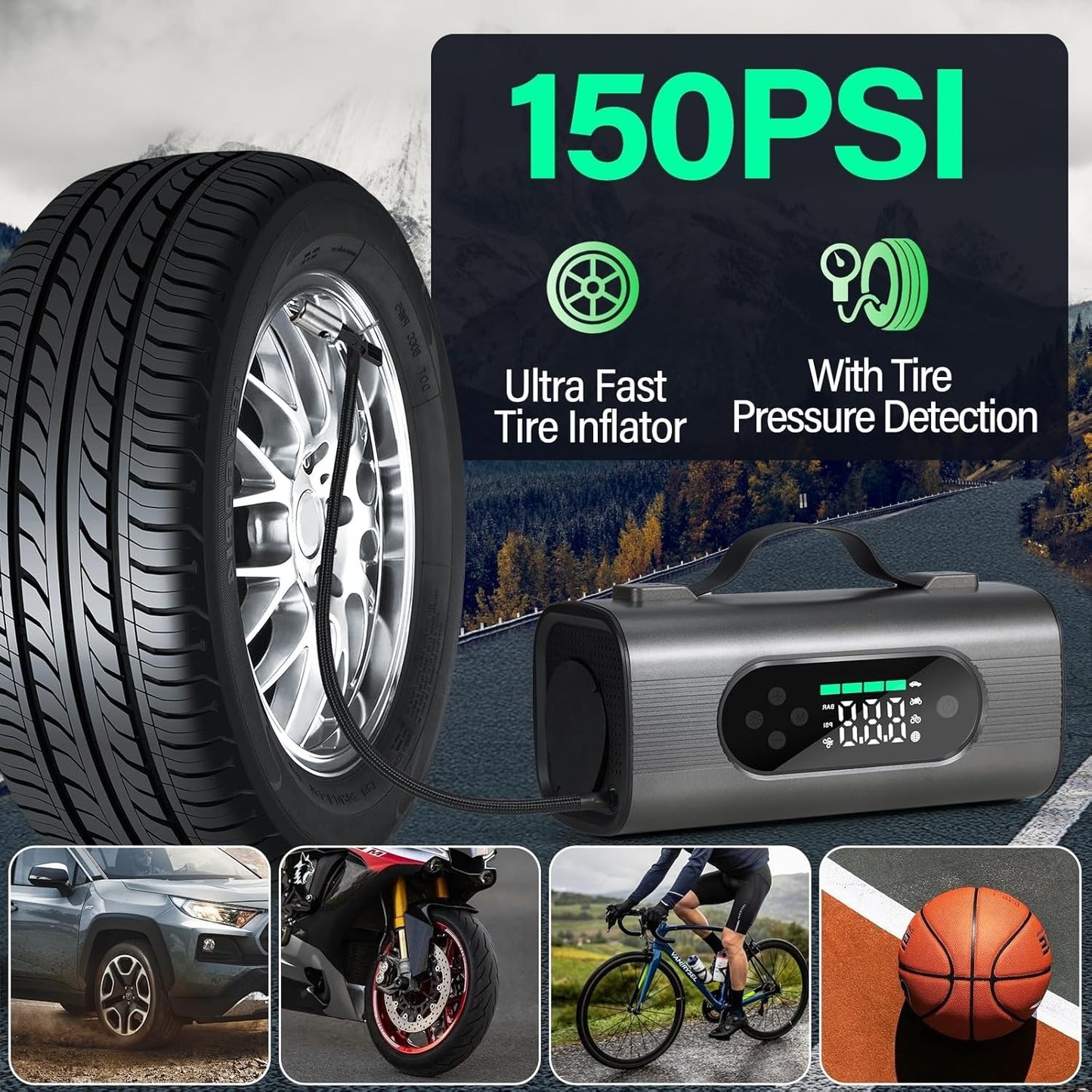 Tire inflator with tire pressure detection feature, displayed with a tire and outdoor scenery.