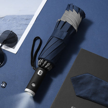 Revolutionary Reverse Umbrella with Reflective Safety Strip and Torch
