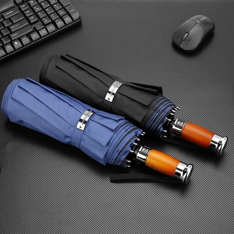 Large Classical Business Umbrella with Wooden Handle black and blue folded